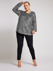 Silber - Yours Curve London Sequin V-Neck Long Sleeve Top - Bild 2 von 5