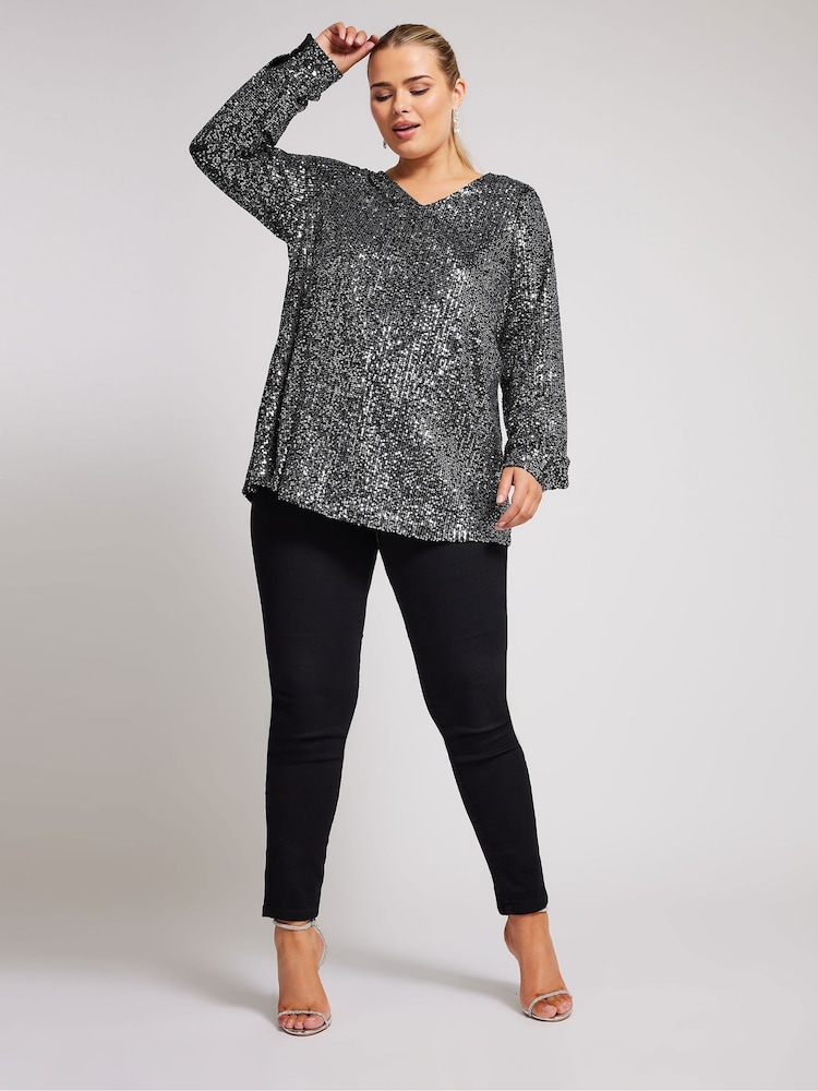 Silber - Yours Curve London Sequin V-Neck Long Sleeve Top - Bild 2 von 5