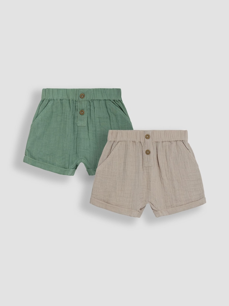 JoJo Maman Bébé Natural Stone & Khaki Green 2-Pack Cheesecloth Shorts - Image 1 of 5
