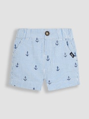 JoJo Maman Bébé Blue Anchor Embroidered Seersucker 100% Cotton Shorts - Image 1 of 3