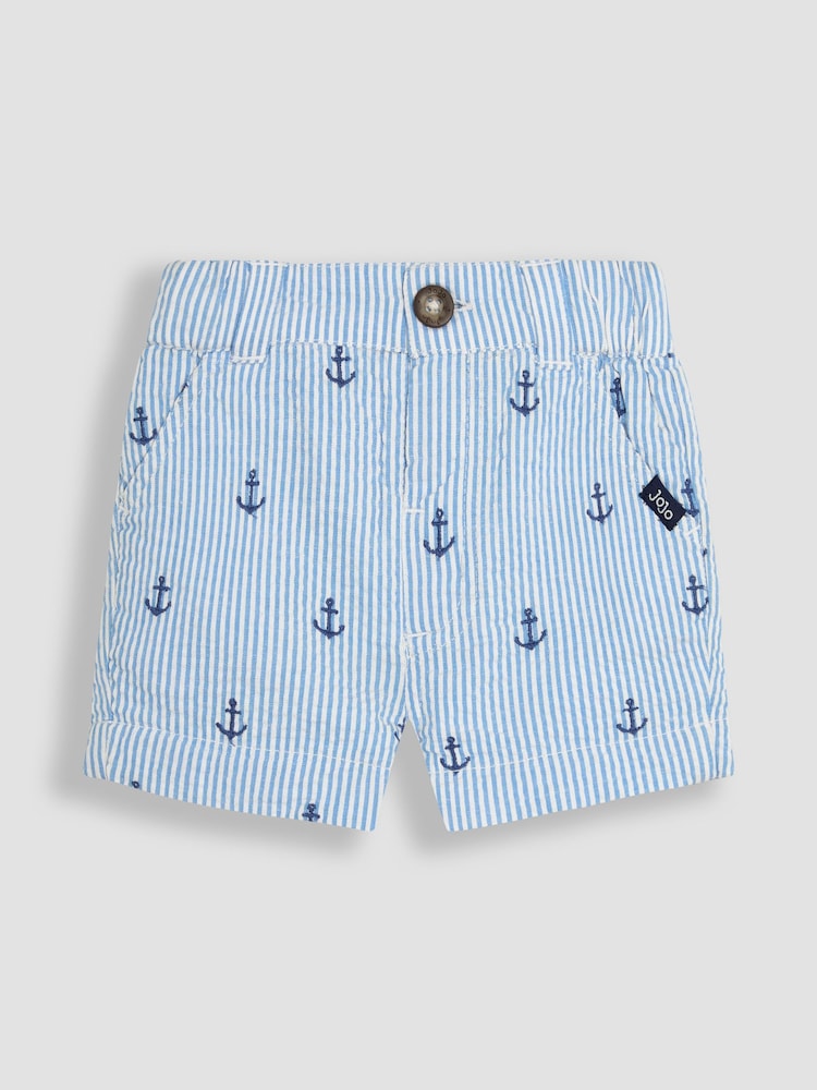 JoJo Maman Bébé Blue Anchor Embroidered Seersucker 100% Cotton Shorts - Image 1 of 3