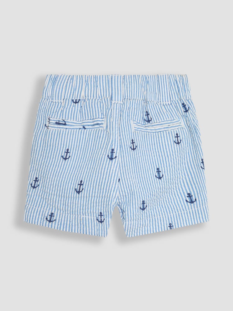 JoJo Maman Bébé Blue Anchor Embroidered Seersucker 100% Cotton Shorts - Image 2 of 3