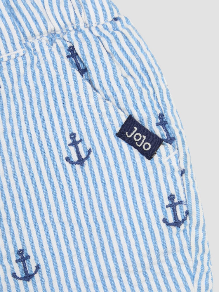 JoJo Maman Bébé Blue Anchor Embroidered Seersucker 100% Cotton Shorts - Image 3 of 3