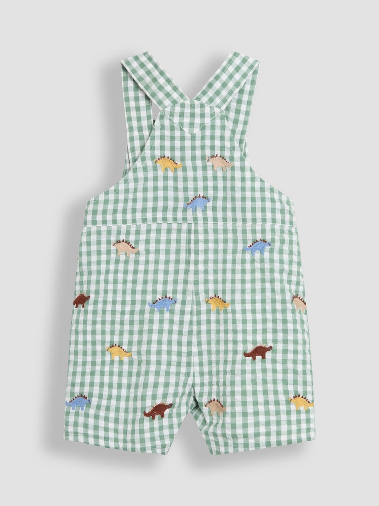 JoJo Maman Bébé Sage Green Dino Embroidered Gingham Dungarees - Image 2 of 3