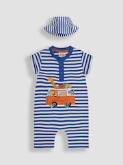 JoJo Maman Bébé Cobalt Blue Safari 2-Piece Appliqué Romper & Hat Set - Image 1 of 5