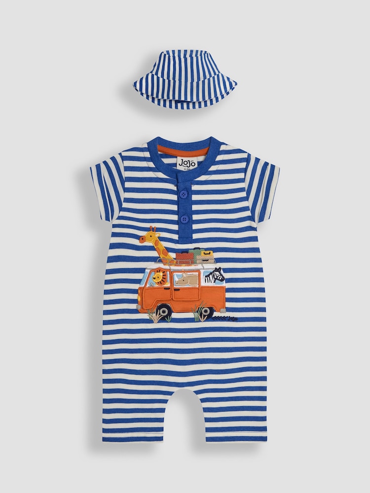 JoJo Maman Bébé Cobalt Blue Safari 2-Piece Appliqué Romper & Hat Set - Image 1 of 5