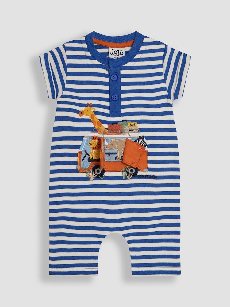 JoJo Maman Bébé Cobalt Blue Safari 2-Piece Appliqué Romper & Hat Set - Image 3 of 5