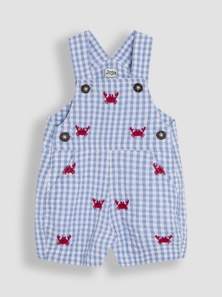 JoJo Maman Bébé Blue Crab Embroidered Gingham Dungarees - Image 1 of 3