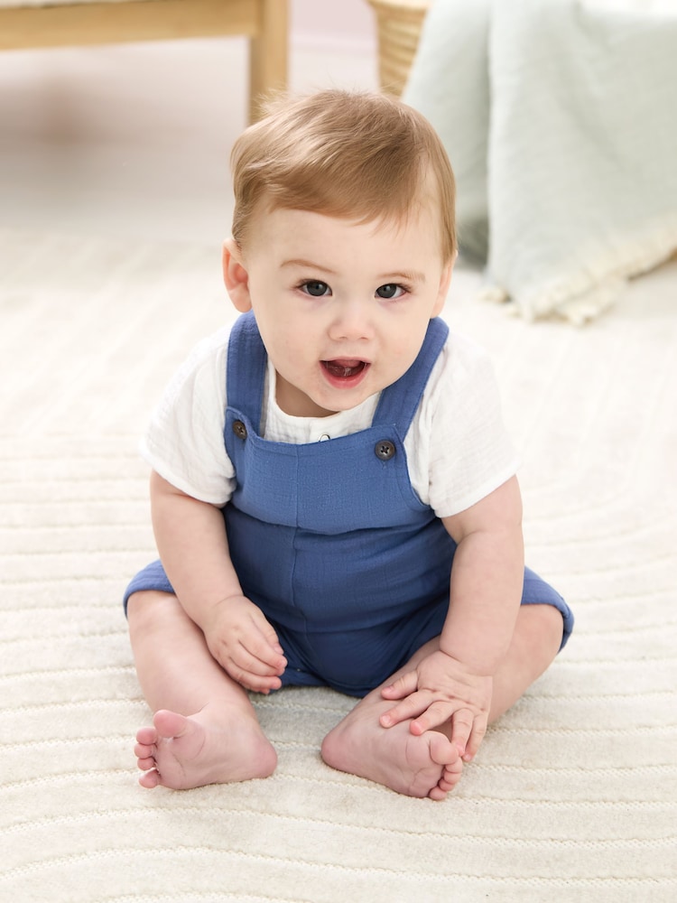 JoJo Maman Bébé Blue 2-Piece Cheesecloth Dungarees & Bodysuit Set - Image 1 of 11