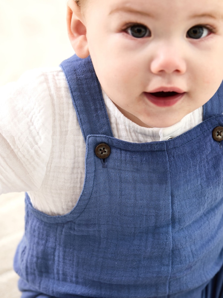 JoJo Maman Bébé Blue 2-Piece Cheesecloth Dungarees & Bodysuit Set - Image 4 of 4