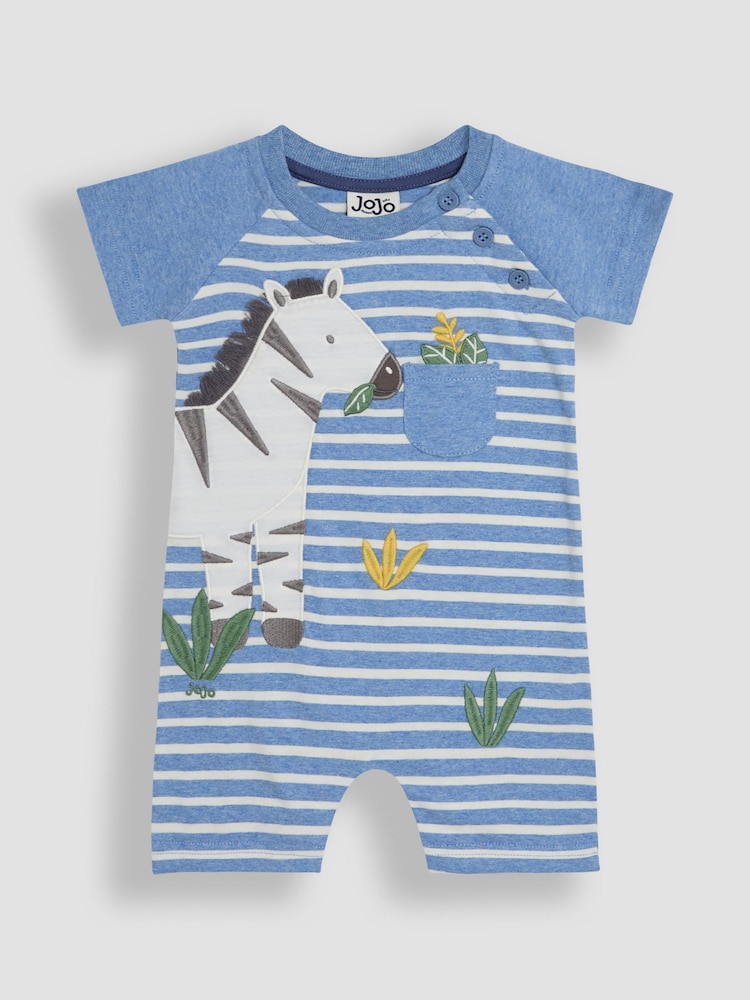 JoJo Maman Bébé Blue Marl Zebra Appliqué Romper - Image 1 of 3
