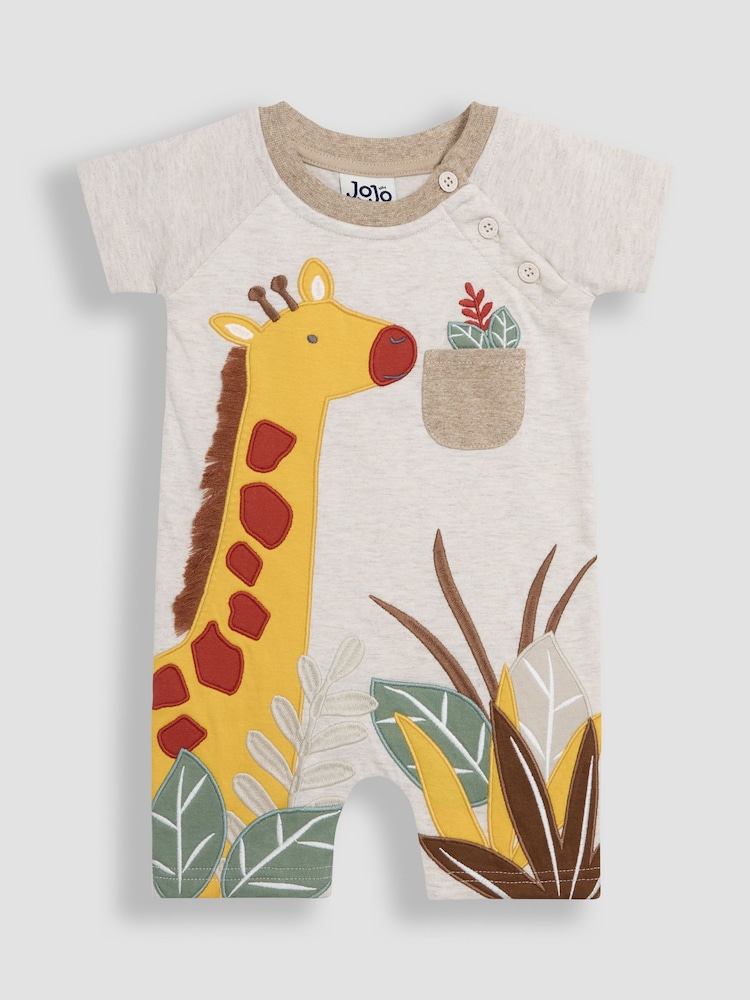 JoJo Maman Bébé Brown Natural Giraffe Dino Scene Romper - Image 1 of 3