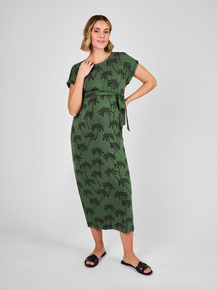 JoJo Maman Bébé Green Palm Midi Maternity T-Shirt Dress - Image 1 of 4