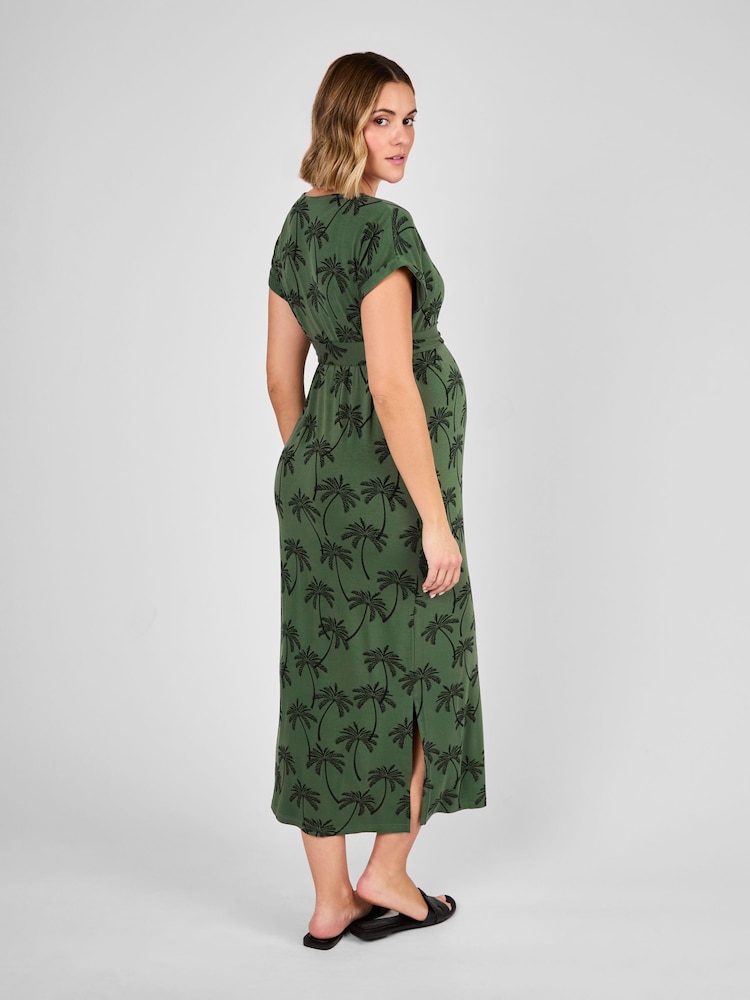 JoJo Maman Bébé Green Palm Midi Maternity T-Shirt Dress - Image 2 of 4