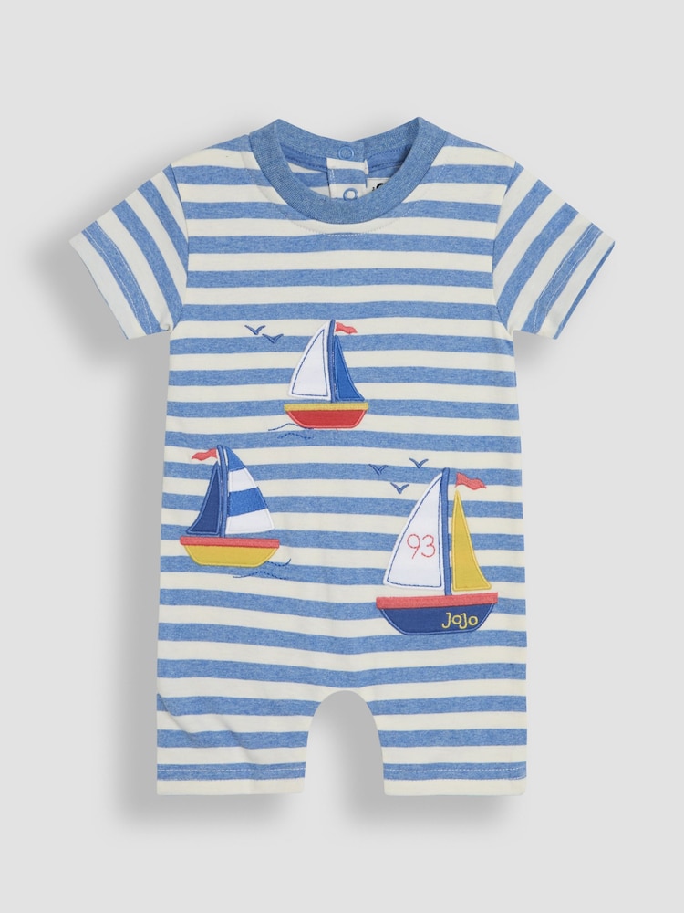 JoJo Maman Bébé Blue Boat Dino Scene Romper - Image 1 of 3