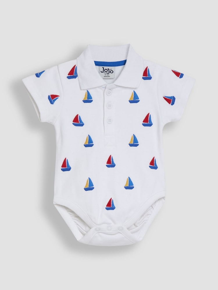 JoJo Maman Bébé White Boat Embroidered Polo Shirt Bodysuit - Image 1 of 3