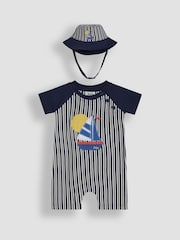 JoJo Maman Bébé Navy Blue Boat 2-Piece Appliqué Romper & Hat Set - Image 1 of 5