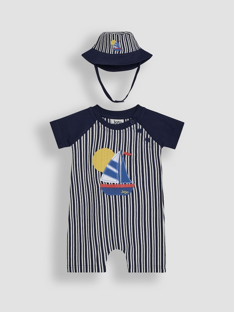 JoJo Maman Bébé Navy Blue Boat 2-Piece Appliqué Romper & Hat Set - Image 1 of 5