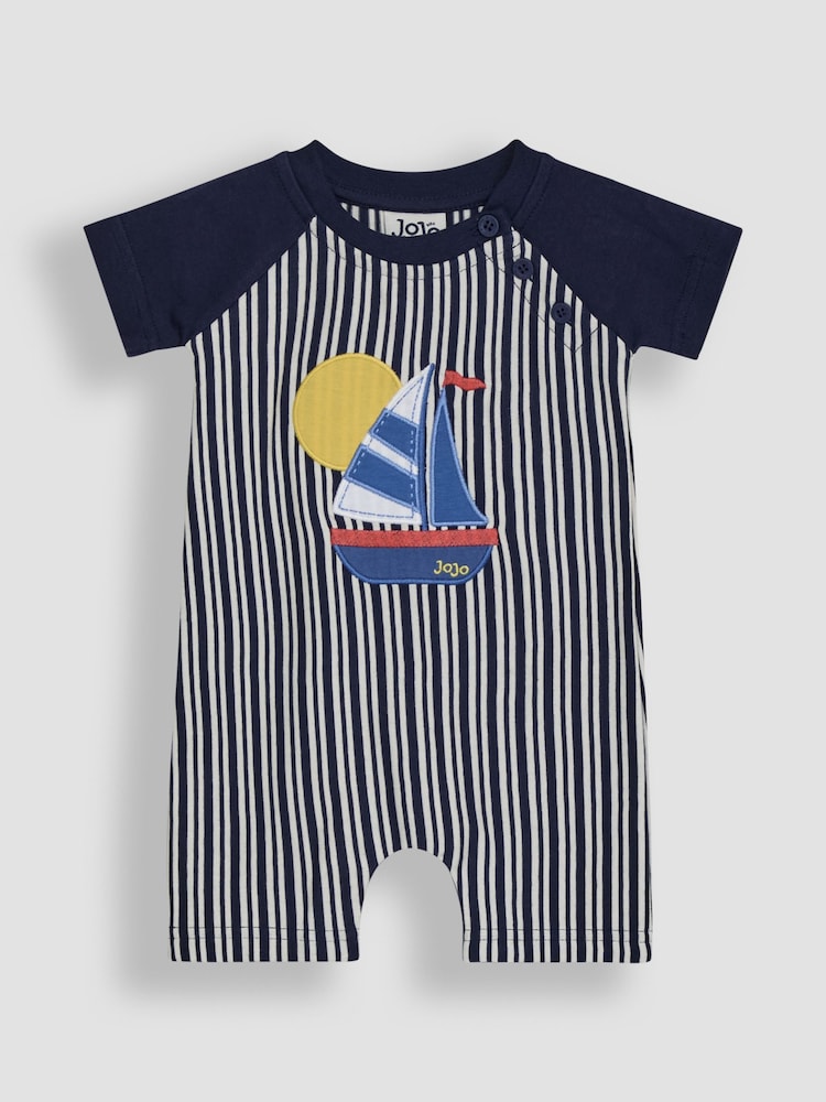 JoJo Maman Bébé Navy Blue Boat 2-Piece Appliqué Romper & Hat Set - Image 2 of 5