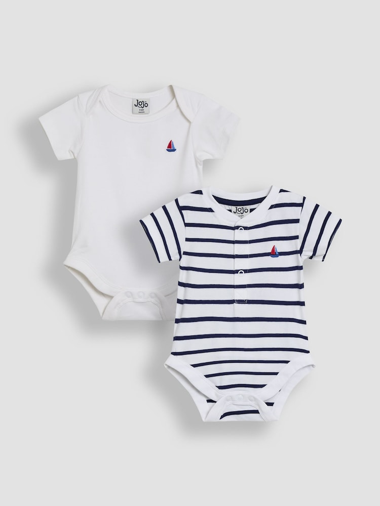 JoJo Maman Bébé White 2-Pack Sailboat Stripe & Plain Bodysuits - Image 1 of 5