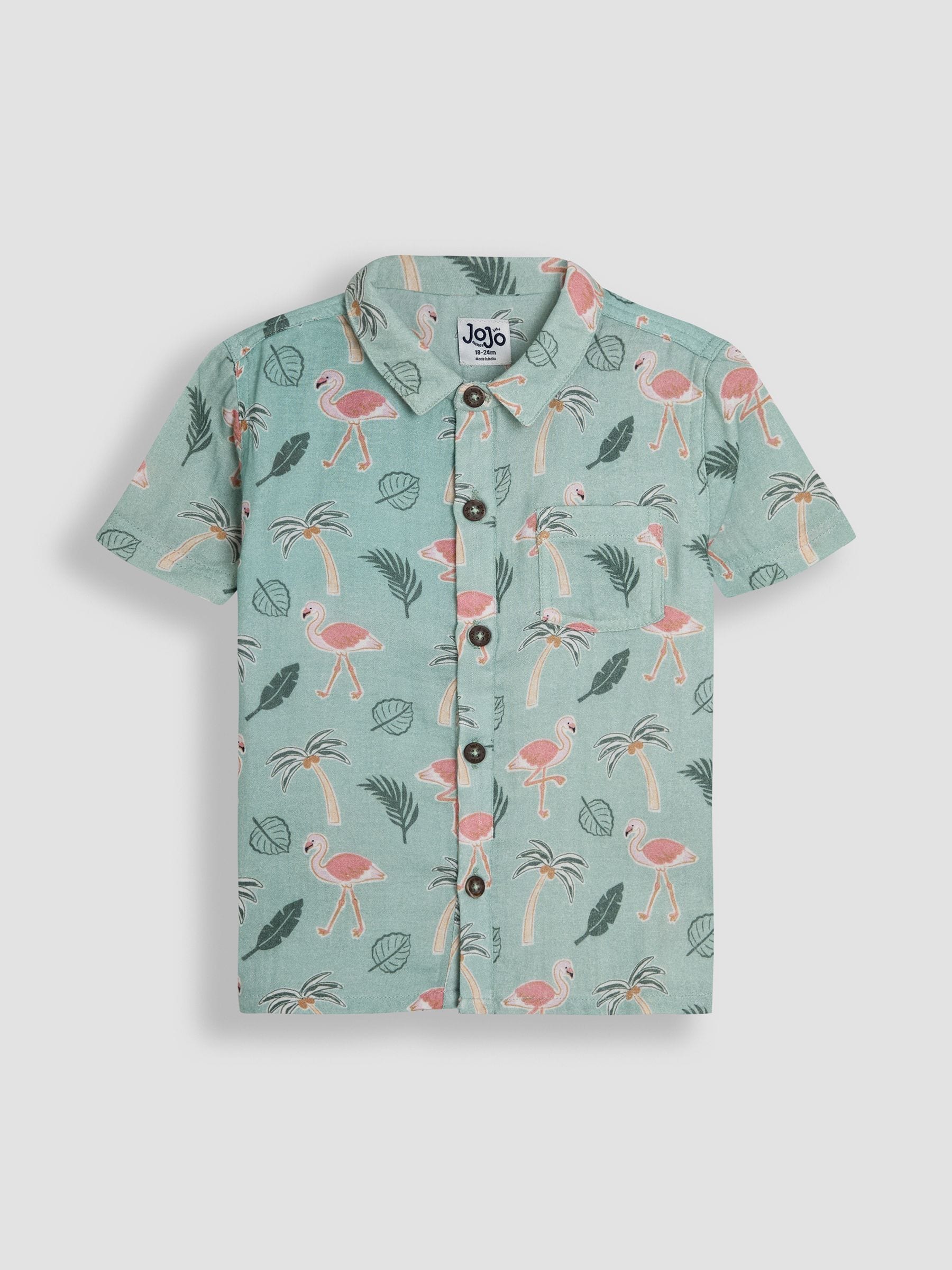 JoJo Maman Bébé Khaki Green Flamingos Cheesecloth Shirt