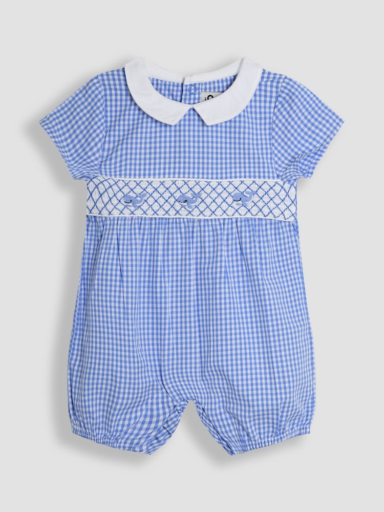 JoJo Maman Bébé Blue Stripe Whale Embroidered Smock Romper - Image 1 of 3