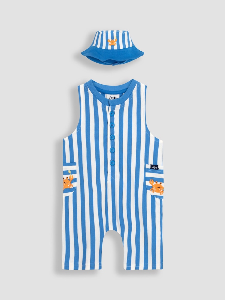 JoJo Maman Bébé Sky Blue Crab 2-Piece Crab Appliqué Romper & Hat Set - Image 1 of 6