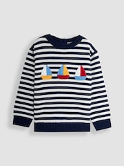 JoJo Maman Bébé Ecru/Navy Stripe Crochet Sailboat 100% Cotton Jumper - Image 1 of 3