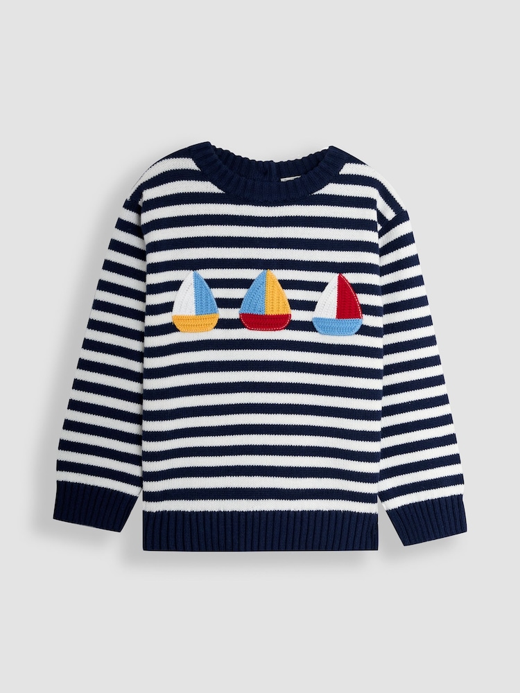 JoJo Maman Bébé Ecru/Navy Stripe Crochet Sailboat 100% Cotton Jumper - Image 1 of 3
