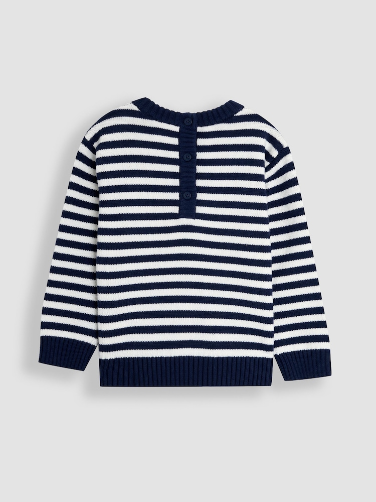 JoJo Maman Bébé Ecru/Navy Stripe Crochet Sailboat 100% Cotton Jumper - Image 2 of 3
