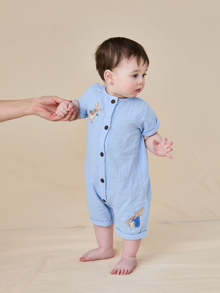 JoJo Maman Bébé Blue Peter Rabbit™ Cheesecloth Button Front 100% Cotton Romper - Image 1 of 6