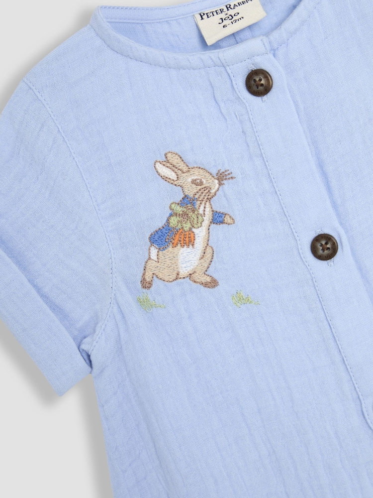 JoJo Maman Bébé Blue Peter Rabbit™ Cheesecloth Button Front 100% Cotton Romper - Image 6 of 6