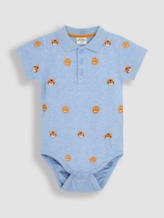 JoJo Maman Bébé Blue Lion & Tiger Embroidered Polo Shirt Bodysuit - Image 1 of 3