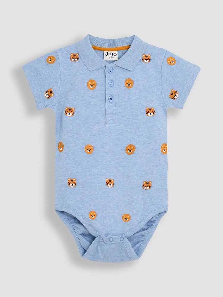 JoJo Maman Bébé Blue Lion & Tiger Embroidered Polo Shirt Bodysuit - Image 1 of 3