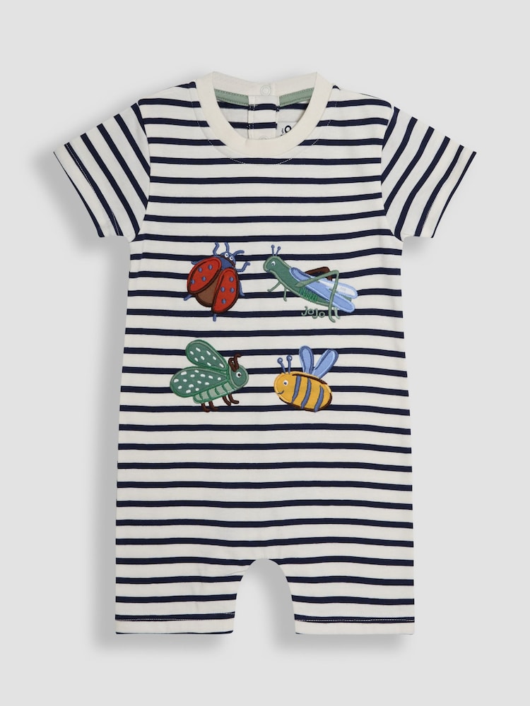 JoJo Maman Bébé Navy Blue Stripe Bug Dino Scene Romper - Image 1 of 3