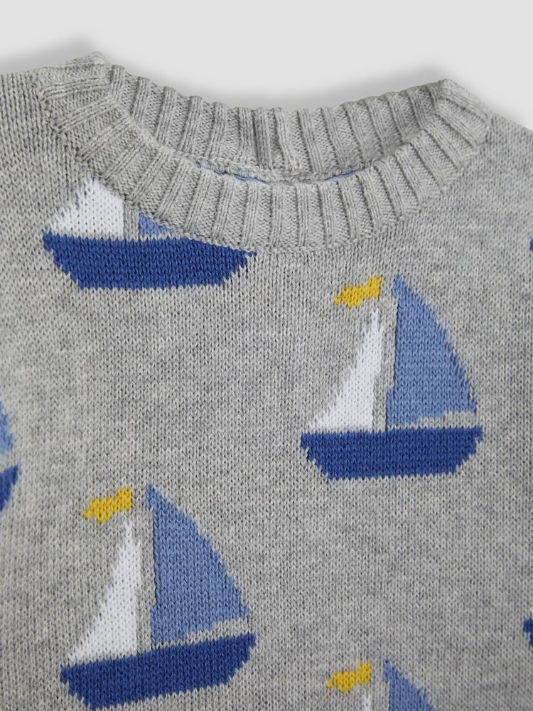 JoJo Maman Bébé Marl Grey Sailboat 100% Cotton Jumper - Image 3 of 3