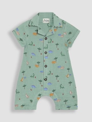 JoJo Maman Bébé Khaki Green Dino Cheesecloth Button Front Romper - Image 1 of 3