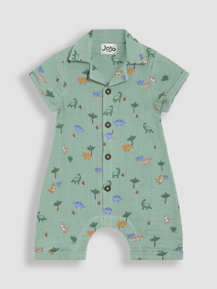 JoJo Maman Bébé Khaki Green Dino Cheesecloth Button Front Romper - Image 1 of 3