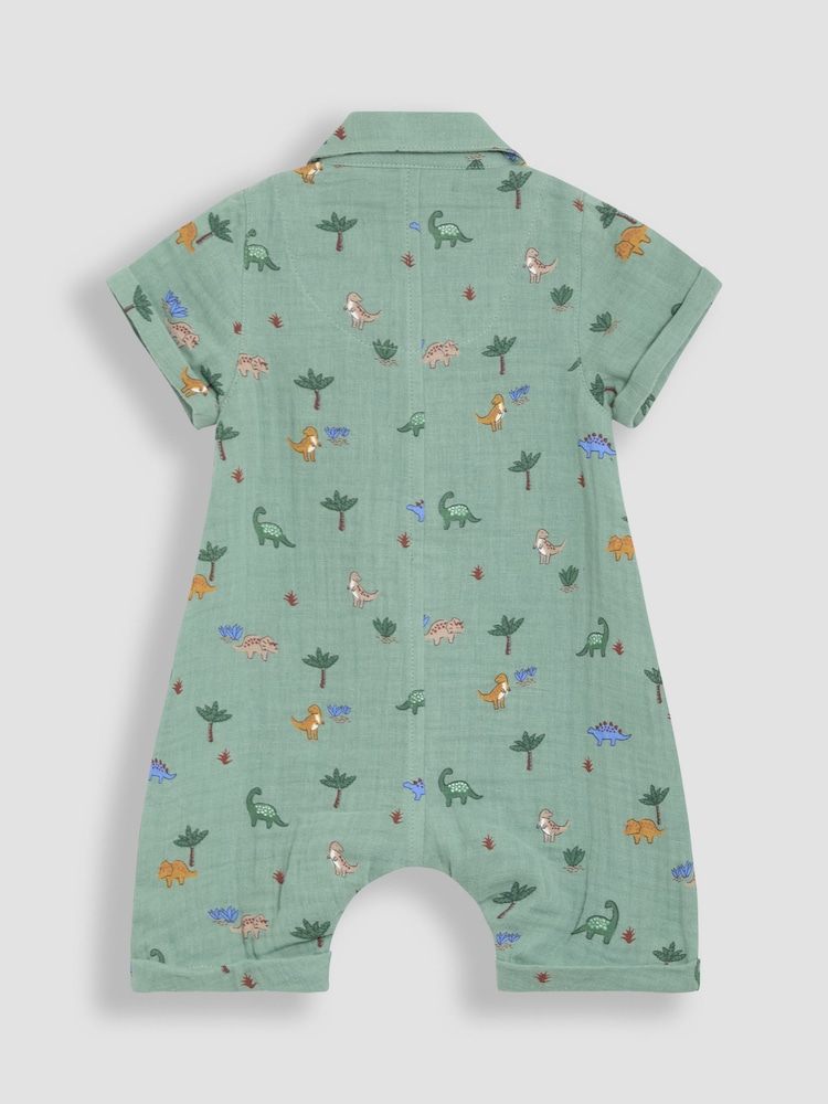 JoJo Maman Bébé Khaki Green Dino Cheesecloth Button Front Romper - Image 2 of 3