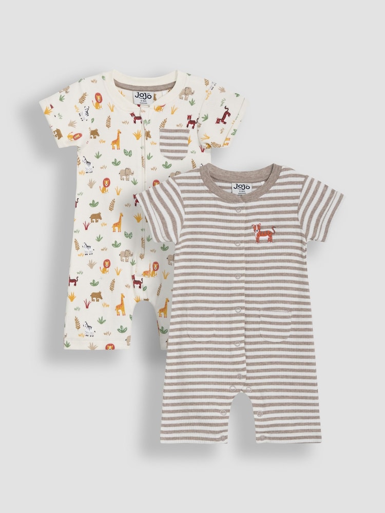 JoJo Maman Bébé Ecru Cream Safari 2-Pack Romper - Image 1 of 5