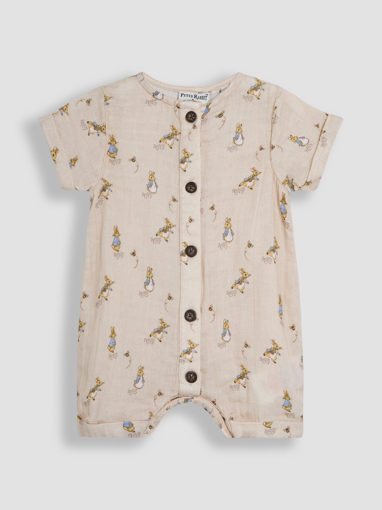 JoJo Maman Bébé Stone Peter Rabbit™ Cheesecloth Button Front Romper - Image 1 of 3