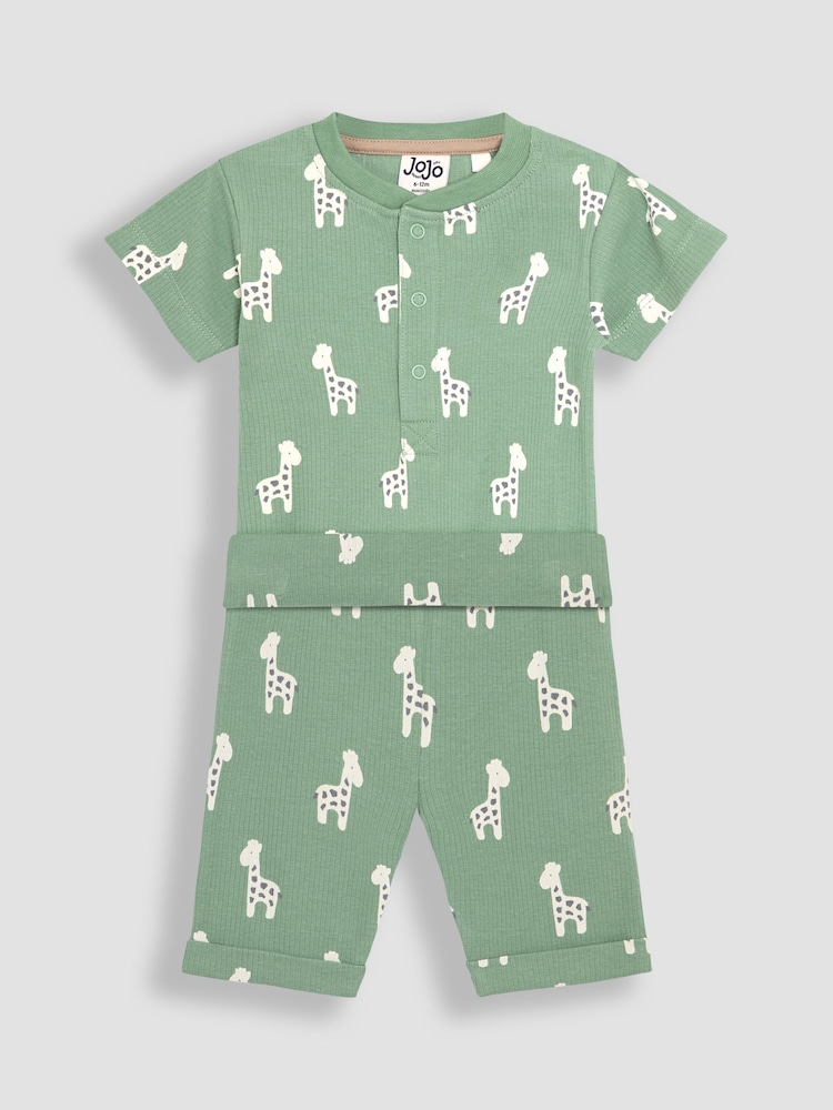 JoJo Maman Bébé Green Giraffe 2-Piece Ribbed Bodysuit & Shorts Set - Image 1 of 5