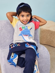 JoJo Maman Bébé Navy Blue Shark Fitted Appliqué Joggers - Image 5 of 7