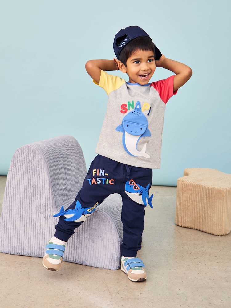 JoJo Maman Bébé Navy Blue Shark Fitted Appliqué Joggers - Image 7 of 7