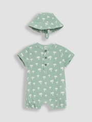 JoJo Maman Bébé Khaki Green Palm Tree 2-Piece Cheesecloth Palm Tree Romper & Hat Set - Image 1 of 5