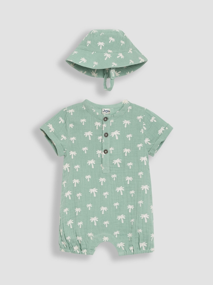JoJo Maman Bébé Khaki Green Palm Tree 2-Piece Cheesecloth Palm Tree Romper & Hat Set - Image 1 of 5