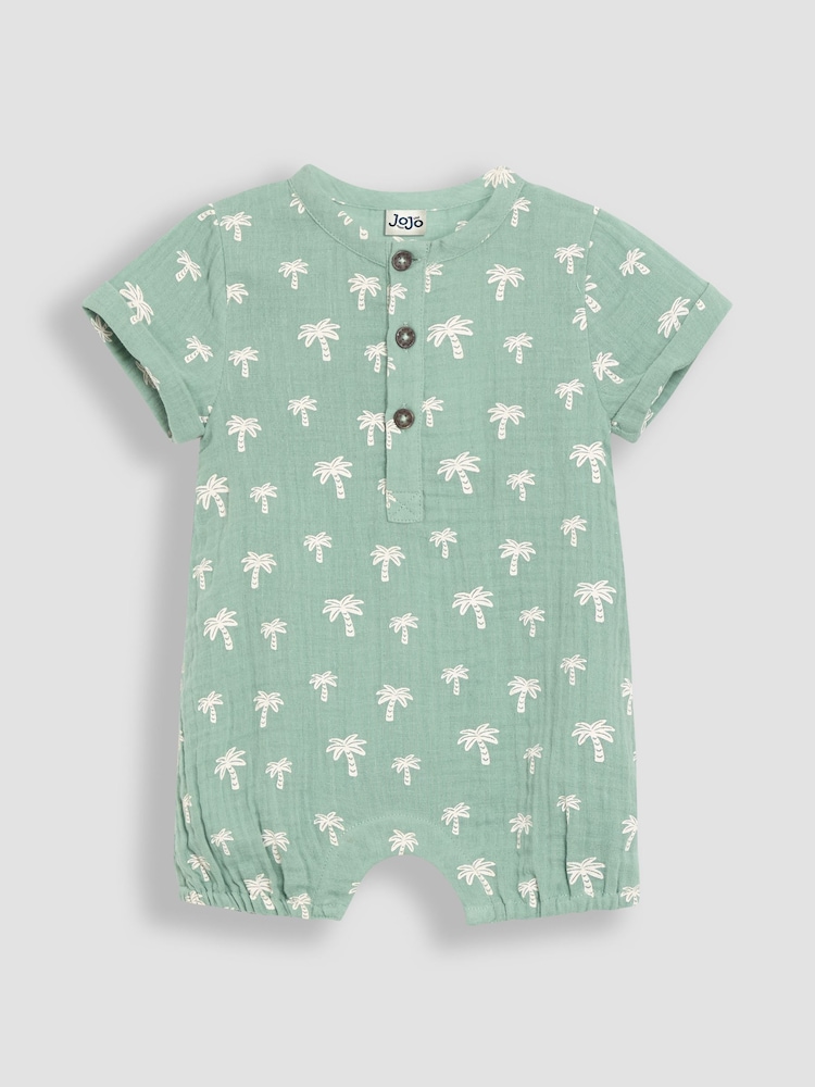 JoJo Maman Bébé Khaki Green Palm Tree 2-Piece Cheesecloth Palm Tree Romper & Hat Set - Image 2 of 5