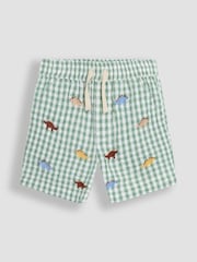 JoJo Maman Bébé Sage Green Dino Embroidered Twill Gingham Shorts - Image 1 of 3