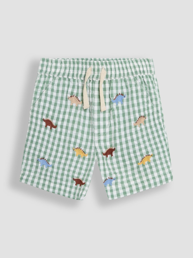 JoJo Maman Bébé Sage Green Dino Embroidered Twill Gingham Shorts - Image 1 of 3