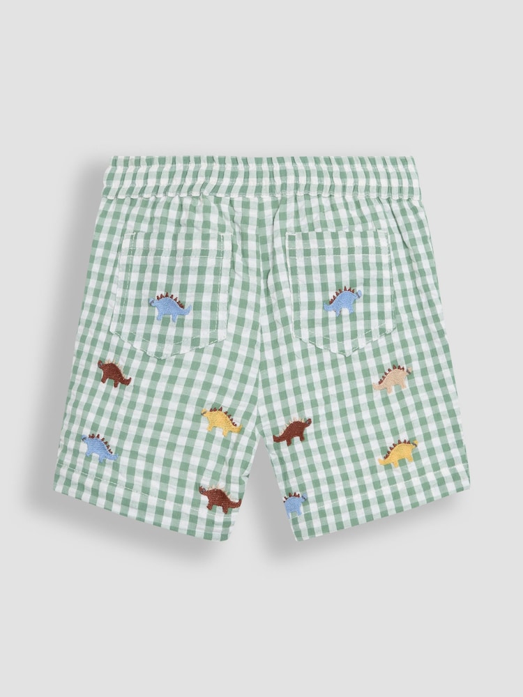 JoJo Maman Bébé Sage Green Dino Embroidered Twill Gingham Shorts - Image 2 of 3